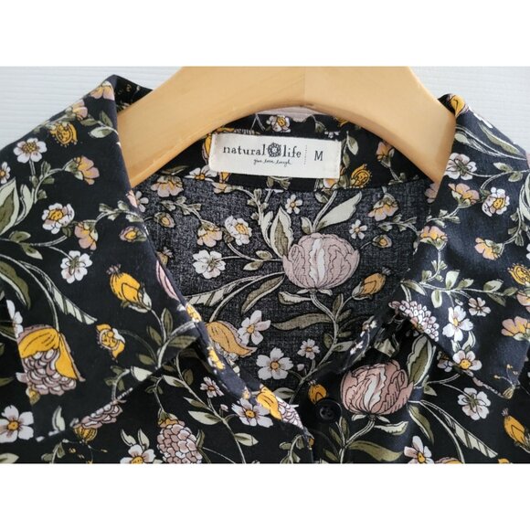 Natural Life Black floral shirt dress size Medium dark Academia cottagecore - Picture 2 of 5
